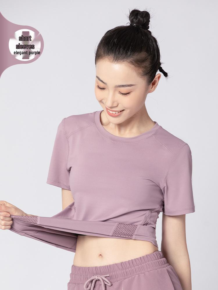 Women's Summer Yoga Outfit: Quick-Drying Short-Sleeve Top, Stretchy Mesh, Fashionable and Lightweight Fitness Wear for Morning Runs.
