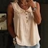 Women Lace Trim Peter Pan Collar Sleeveless Half Button Crinkled Blouse