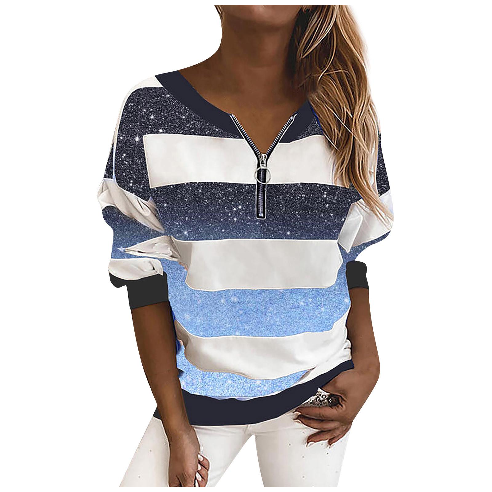 Women Fashion V-neck Print Zipper Pullover Long Sleeve Loose Blouse Tops XL