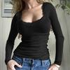 Women's Casual Slim Fit Threaded U Neck Lace Long Sleeve T-Shirt