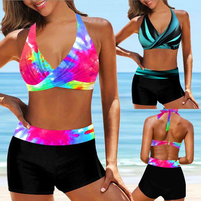 2024 Women's European & American Print Crisscross Halter Bikini Swimsuit