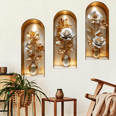 3 Stück 3D-Vase Wandaufkleber Vintage Blumenwandkunst Selbstklebend Bunte Blütenwandaufkleber für Schlafzimmer Wohnzimmer