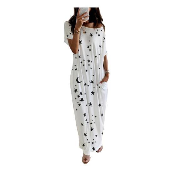 Damen Lässig Kurzarm Sterne Mond Druck Ein Schulter Taschen Locker Langes Kleid