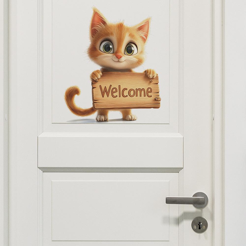 Cartoon Cat Welcome Sign Wall Sticker Self-Adhesive Removable Kids Room Bedroom Home Decor