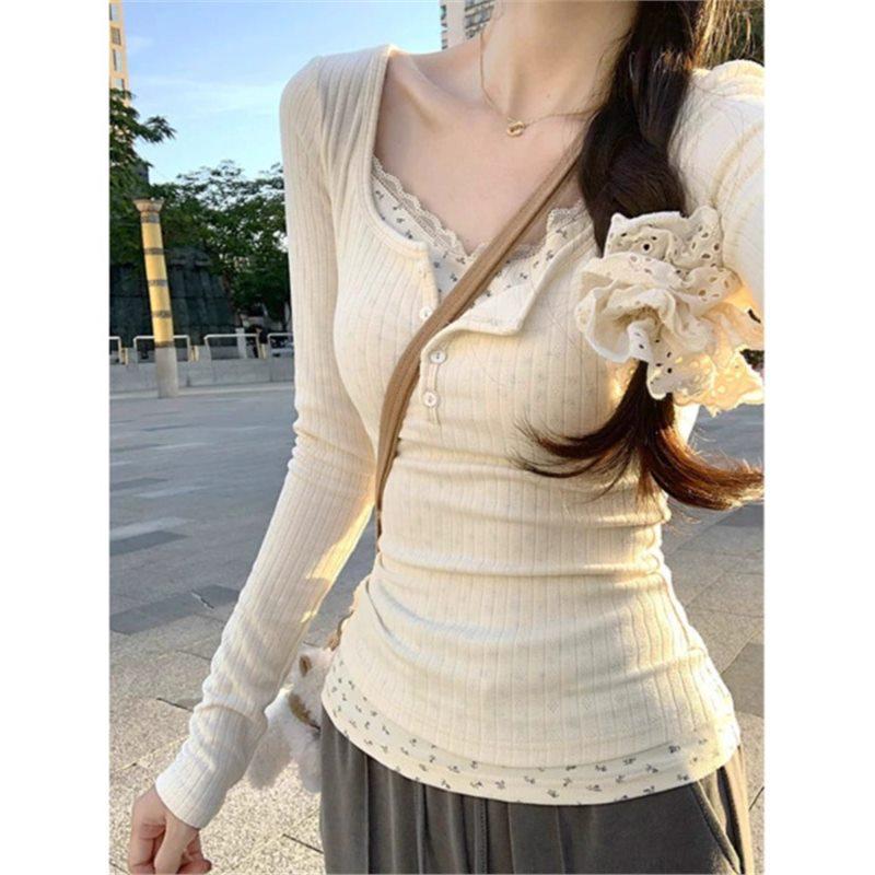 

Женский топ с длинными рукавами в корейском стиле, из двух частей, с цветочным принтом: Чистый, Сексуальный, Сладкий и Острый для Осени 2024 Large