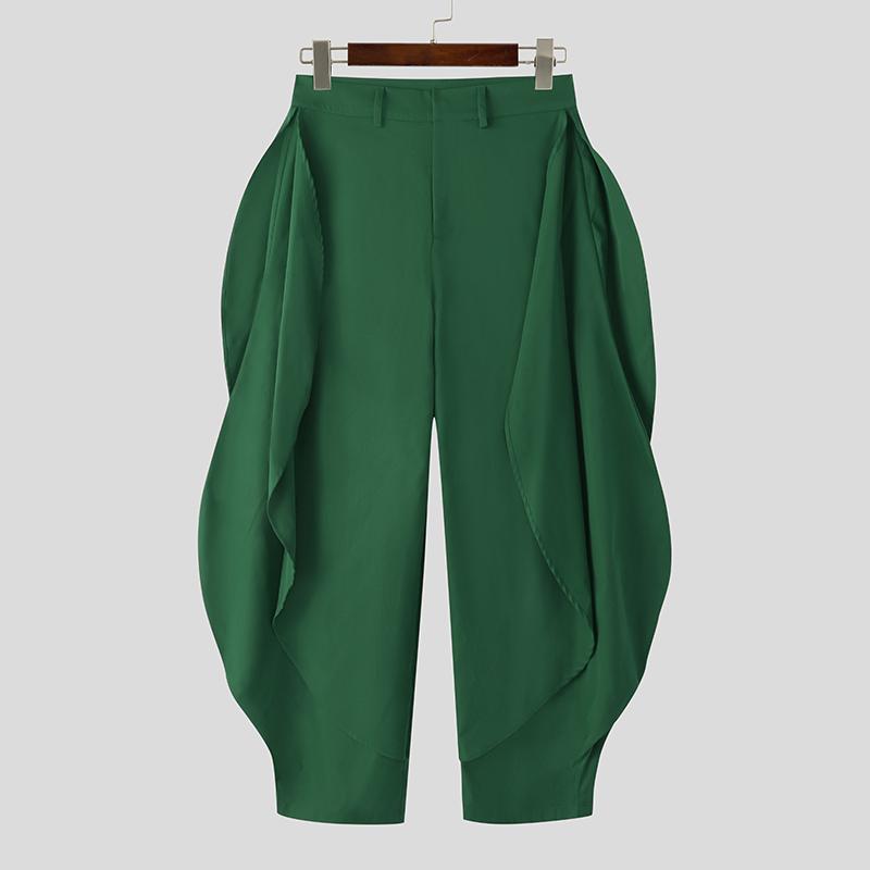 INCERUN Men Zip-up Waist Solid Color Irregular Ruffled Casual Long Harem Pants Trousers