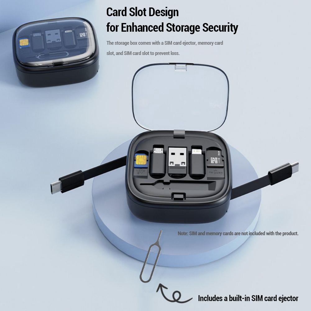60W Cable Card Box Universal Retractable Charging Cable Adapters Portable Storage Box With SIM Tools Card Storage Slot