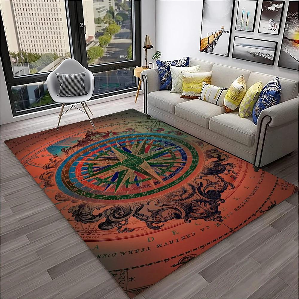 Retro Kompas Navigační Mapa Koberec pro Domácí Obývací Pokoj Ložnici Pohovku Rohožka Dekorace, Koberec do Dětského Hracího Koutku Protiskluzová Podlahová Rohožka