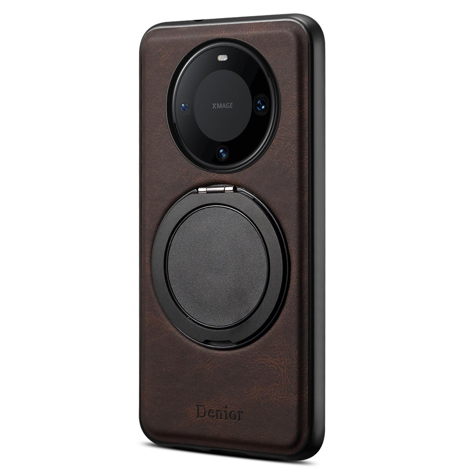 

DENIOR A14 For Huawei Mate 60 Pro/Mate 60 Pro+ Magnetic Case Rotary Kickstand Leather PC TPU Phone Cover Brown