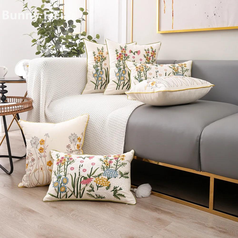 Cotton Embroidered European Pastoral Floral Cushion Cover 45x45cm Sofa Seat Home Decor Throw Pillow Case Living Room Decoration