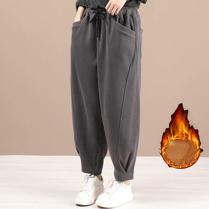 Pantalones de chándal gruesos de terciopelo de invierno, pantalones harén de algodón de punto, pantalones casuales holgados retro de talla grande para mujer que combinan con todo