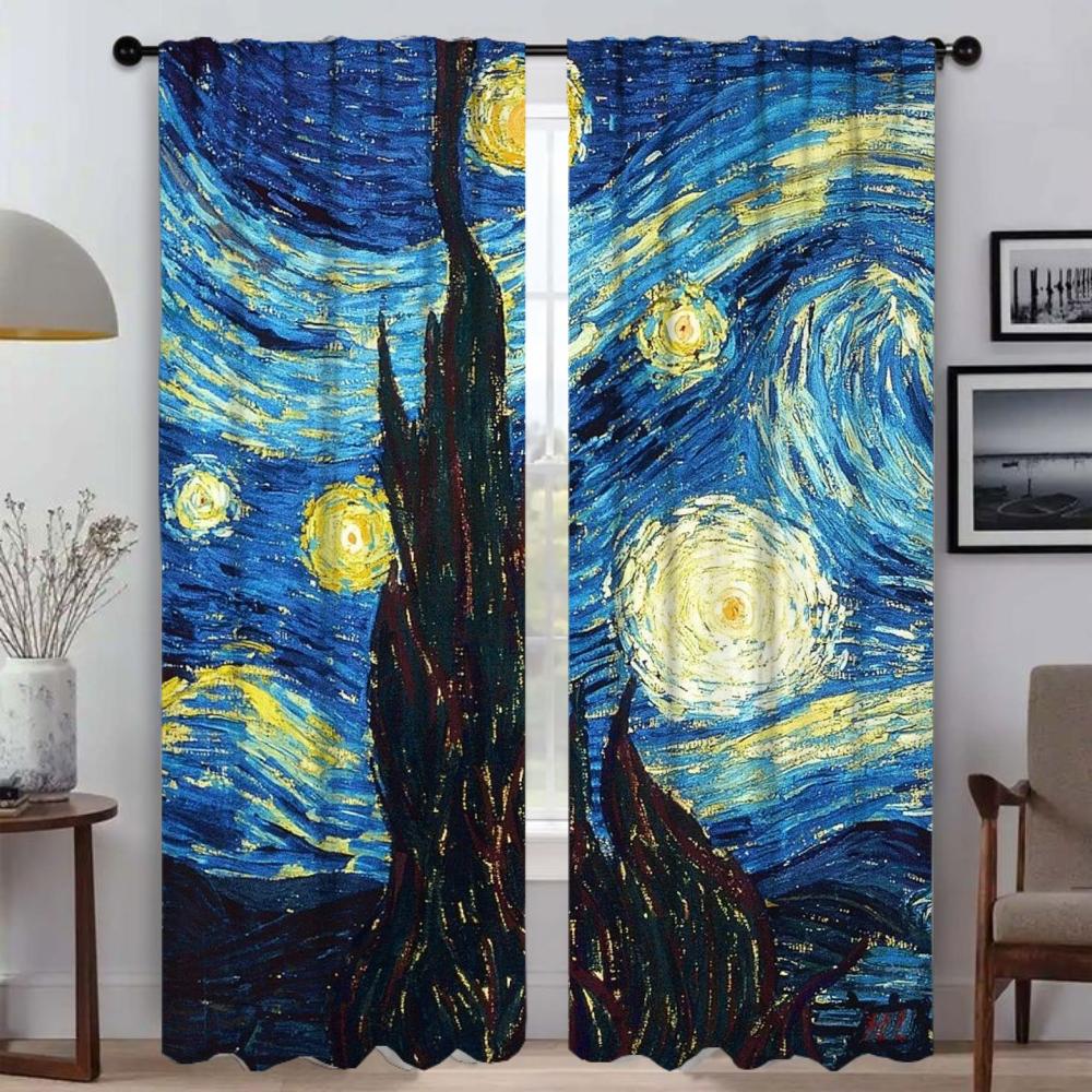 Zatemňovací kuchyňské závěsy pro obývací pokoj Závěs Van Gogh Domácí interiérové závěsy 2 kusy Stínítka Dělící tyl pro ložnici