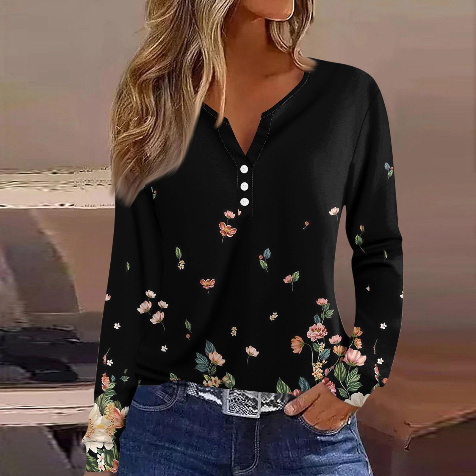 

Жен. Футболка Футболка на пуговицах с длинным рукавом Повседневные Выходные Мода Классический Топ с v-образным вырезом Обычный S чёрный