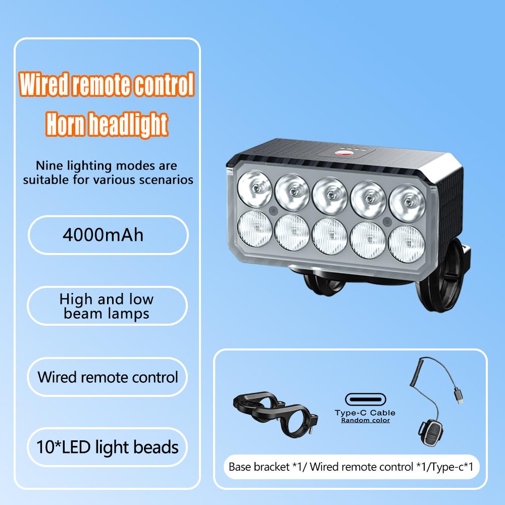 

10 LED Bike Horn Headlight TYPE-C Rechargeable Bicycle Front Light MTB Bicycle Head Lights Cycling Safety Lamp for Night Riding чорний