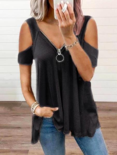 Wish eBay Independent Station 2021 Summer Europe and America New Sexy V-Neck Zipper Short Sleeve Solid Color T-Shirt S чёрный