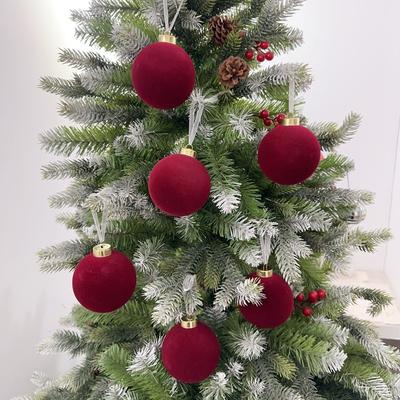 8CM Christmas Decoration Balls Burgundy Flocking Balls Christmas Tree Hanging Ball Metal Ring Ribbon Hanging Ball Scene Layout