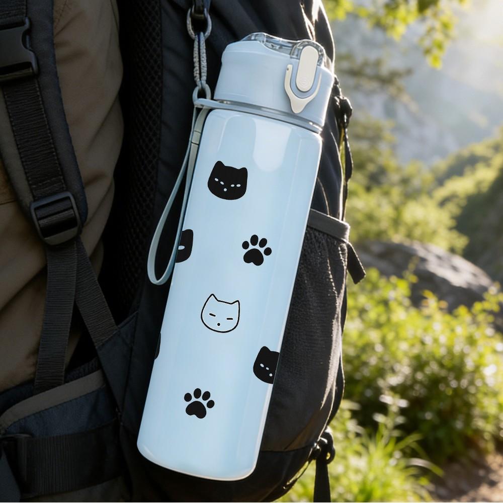 1PC Black Cat Face Simple Pattern 750ml Color Plastic Sports Water Bottle Leakproof Flip Straw Lid Suitable for Sports Office Home Use