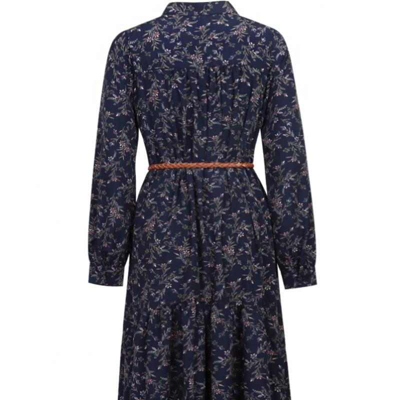 Shop   Women Flower Pattern Belted Long Sleeve DreSs Ivory Ss Wdr 2874