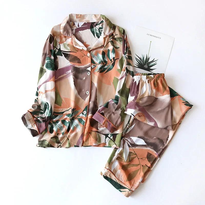 Spring and Summer 100% Viscose Pajamas Two-piece Long-sleeved Trousers Women's Flowers Comfortable Plus Size Homewear Suit