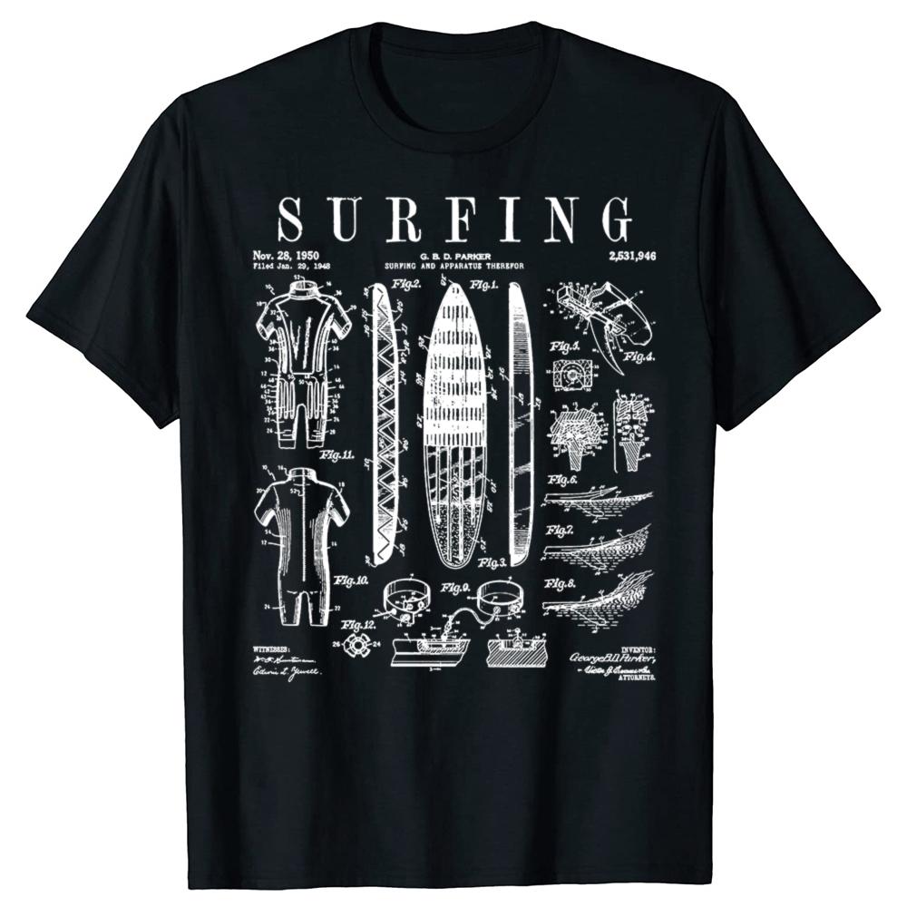 Lustiges Surfbrett Surfen Vintage Patent Surfer T-Shirts Herren Baumwolle Humor Streetwear T-Shirt Kurzarm Unisex Lockere Kleidung