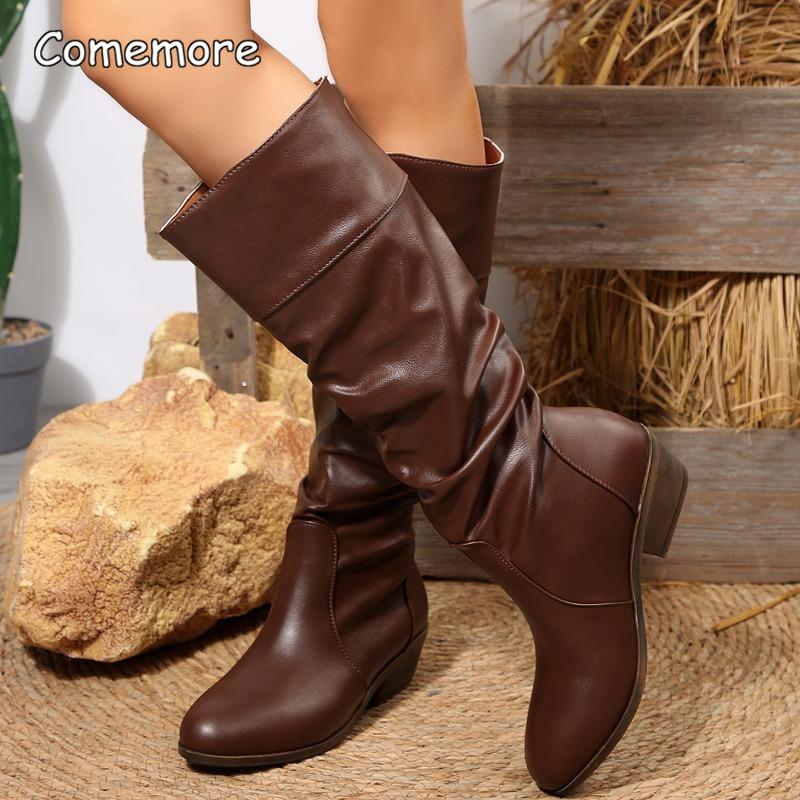Fashion Women's Size 36-43 Pleated High Boots British Style Autumn New Thick Heel Retro Sleeve Women's Comfortable Mid-heeled Boots