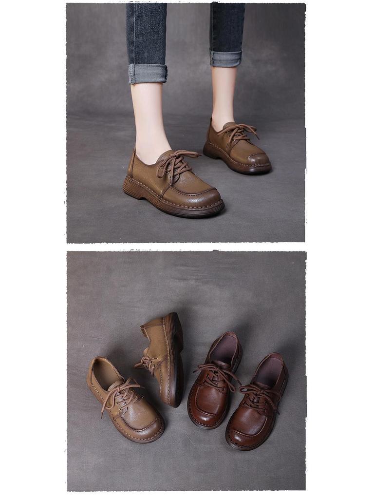 Women's Handmade Genuine Leather Lace-Up Soft Sole Casual Shoes - Retro Autumn Style