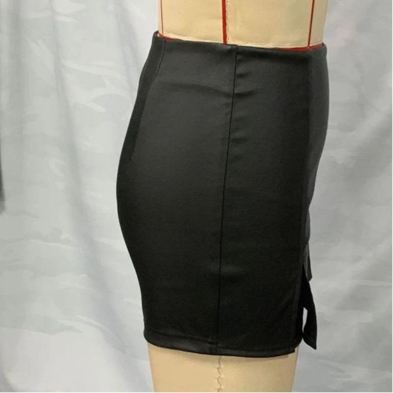 Women Fall Winter High Waist PU Leather Mini Skirt, Solid A Line Double Slit Faux Leather Short Skirt, Slim Bodycon Split Hem Club Night Out Bottoms
