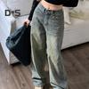 Jeans da donna Vita alta Chiusura con bottoni con cerniera Tinta unita Gamba larga ampia Lunghezza del pavimento Tasche dritte effetto invecchiato Pantaloni denim colorfast morbidi da donna