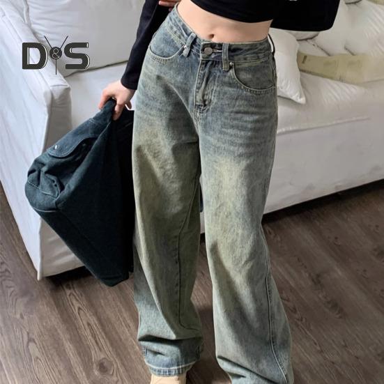 Jeans da donna Vita alta Chiusura con bottoni con cerniera Tinta unita Gamba larga ampia Lunghezza del pavimento Tasche dritte effetto invecchiato Pantaloni denim colorfast morbidi da donna