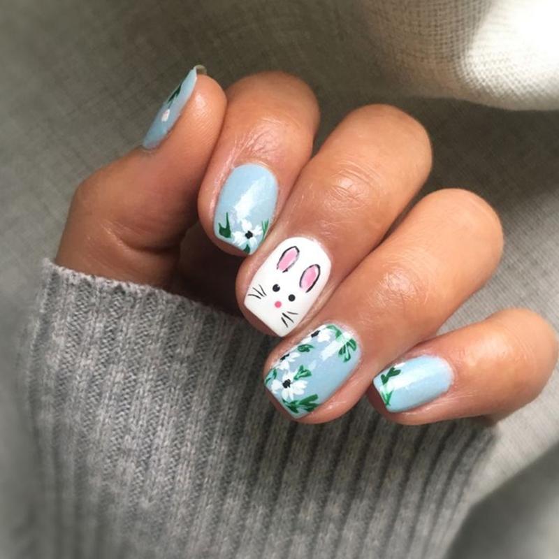 Spring Easter Nail Art Manicure Set 24Pcs Short Square False Nail With Rabbit And Flowers Stick on Nail for Party