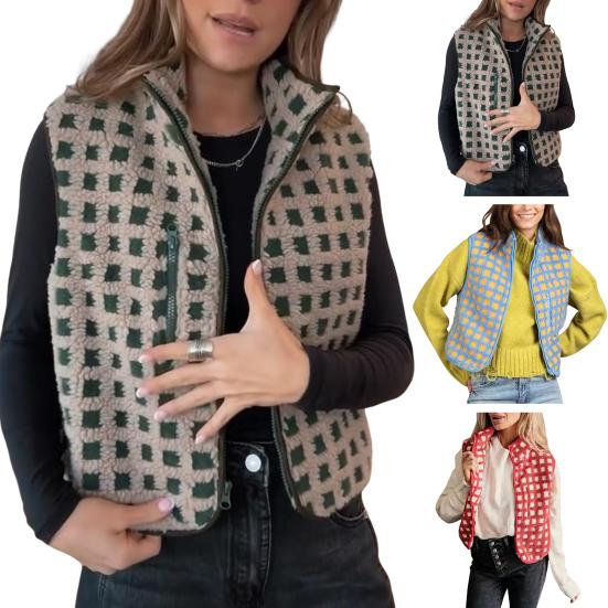 Damen Weste Jacke Stehkragen Kontrastfarbe Ärmellos Karomuster Strickjacke Weste Reißverschluss Täglich