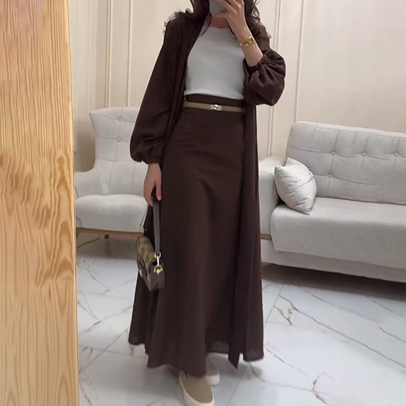 Women's Olive Green Lantern Sleeve Long Coat with High Waist Tie Belt Skirt Set