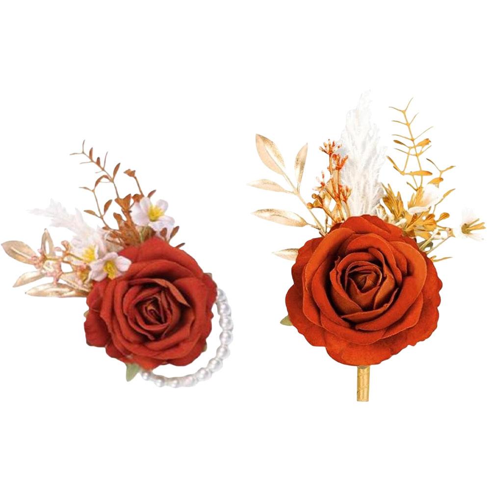 2Pcs Corsage And Boutonniere Set Artifical Rose Flower For Bridal Wedding Accessories Wrist Corsage Bracelets Corsages Wristlet