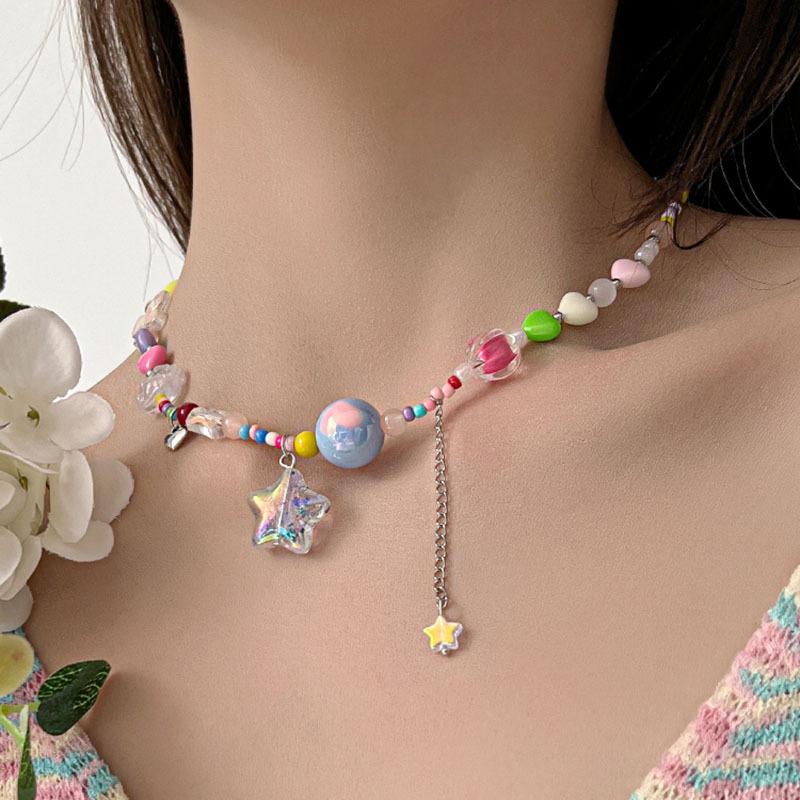 Dopamine Color Beaded Candy Star Necklace Female Sweet Cool Spice Girl Clavicle Chain New Niche Accessories