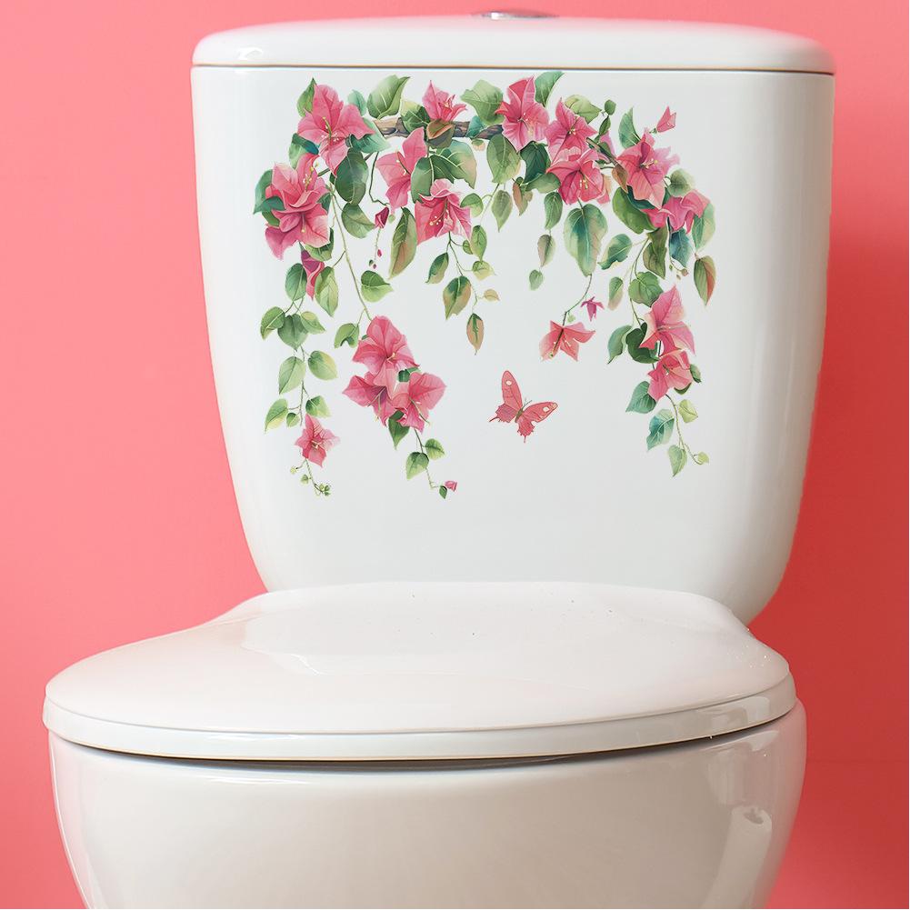 Self-adhesive Toilet Sticker Flower Painting Floral Wall Decals Bathroom Decor Removable Home DIY Sticker Decorative Wall Decals