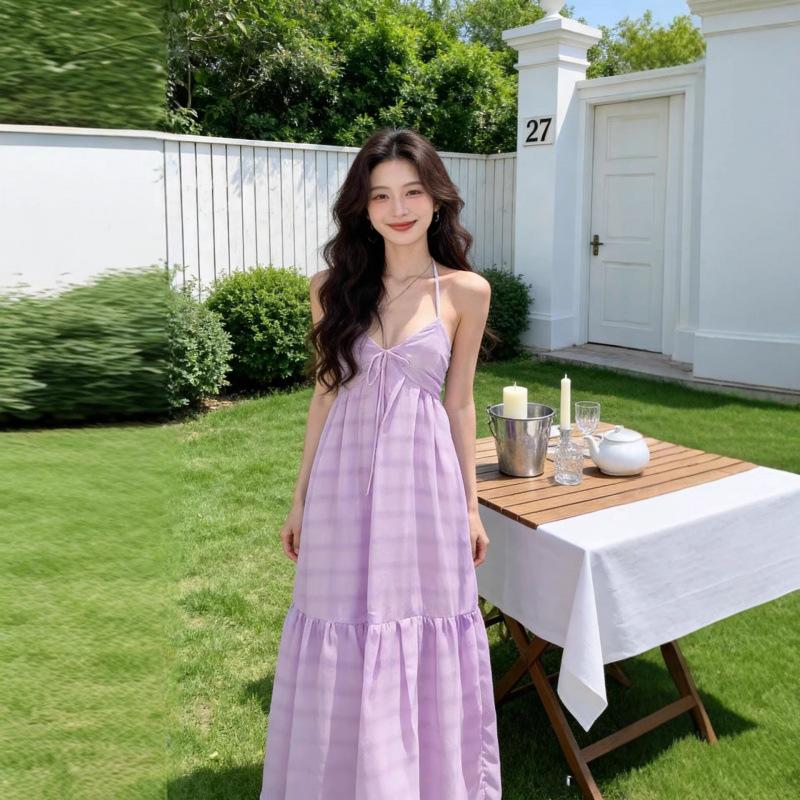 Holiday wind beach skirt backless lavender chiffon swinging air dress photo