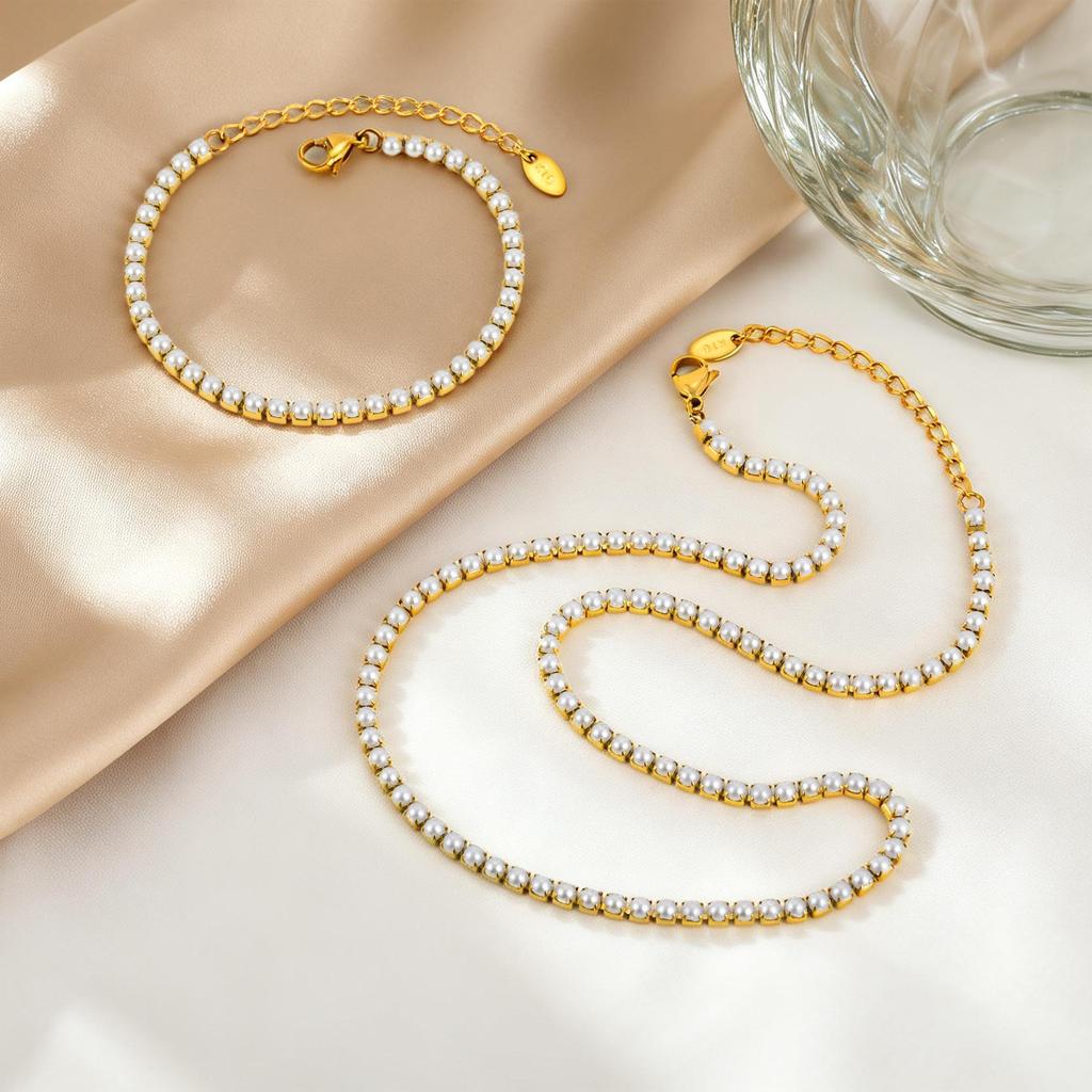 Elegant Temperament Women'S Stainless Steel Imitation Pearl Chain Necklace Bracelet 2757