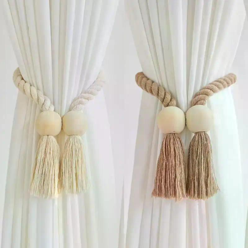 2Pcs Magnetic Wooden Tassel Window Curtain Curtain Holdbacks Bathroom Shower Curtain Accessories Home Decor Curtain Buckles