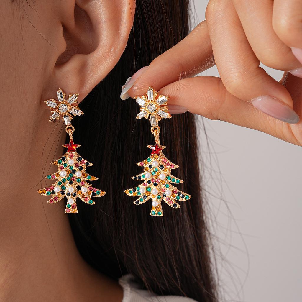 Christmas Diamond Imitation Pearl Snowflake Christmas Tree Silver Needle Earrings Premium Earrings