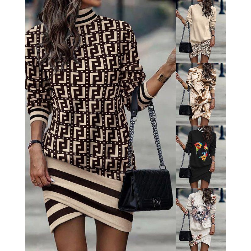 

Autumn and Winter Fashion Amazon Wish Independent Station Fashion Wind Trendy Long Sleeves Turtleneck Print Dress Women s Skirt Flower color 4XL