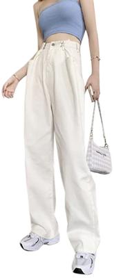 Aimoha Denim Pants with Waist Baggy Zip White Size White Women's High-Waisted Tucks, Silhouette, Fly, Denim, XL,