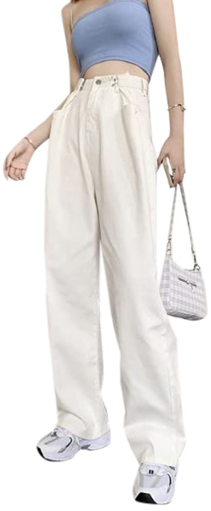 Aimoha Denim Pants with Waist Baggy Zip White Size White Women s High-Waisted Tucks, Silhouette, Fly, Denim, XL, белый