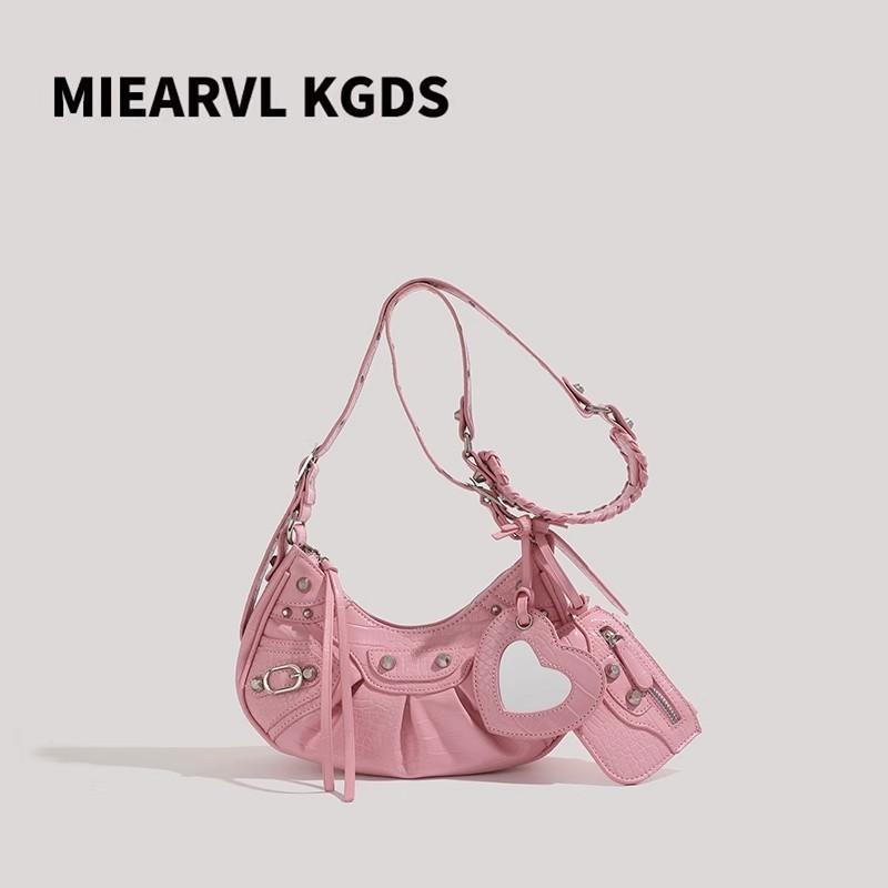 Pu Hip Underarm Bag Womens Folded Crescent Design With Rivets And Tassels For Daily Use