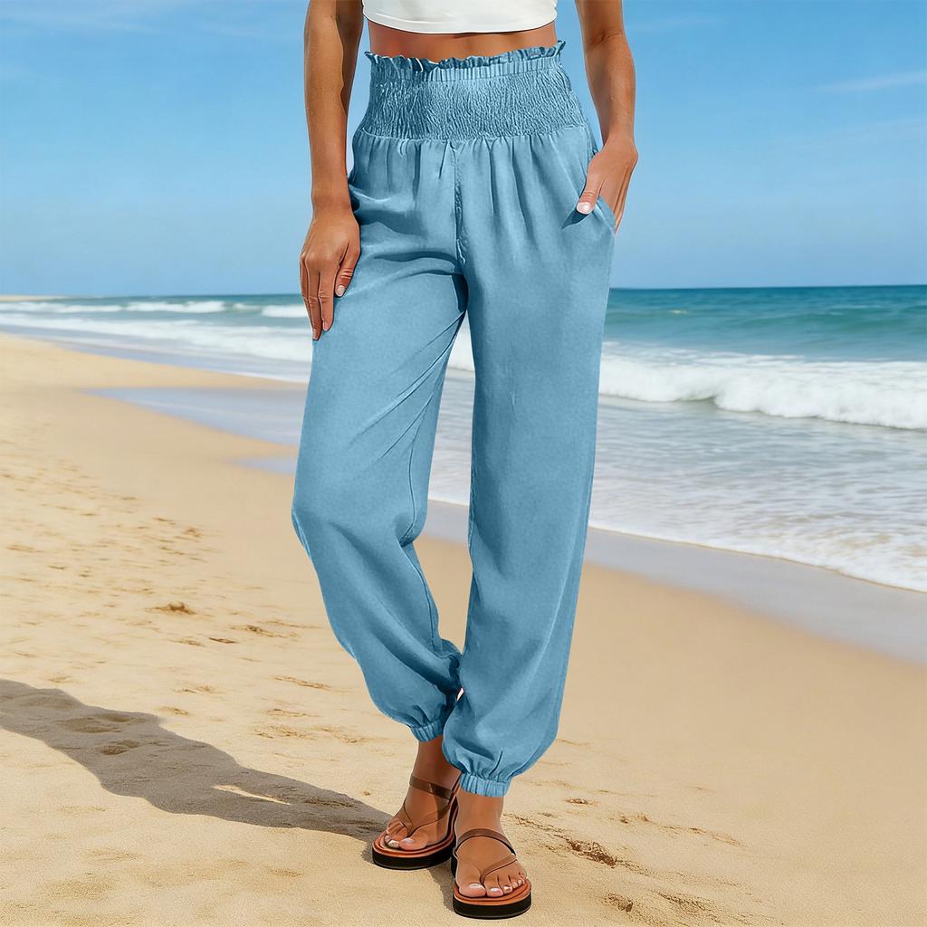 Women's Fashion Color Elastic Waist Pocket Loose Leg Tight Casual Pants