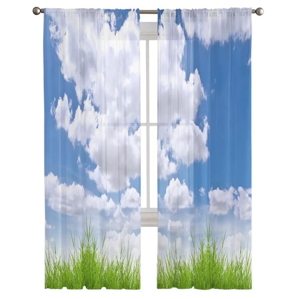 Blue Sky White Clouds Grassland Tulle Window Curtains Living Room Organza Sheer Voile Curtain Bedroom Kitchen Home Decor Drape