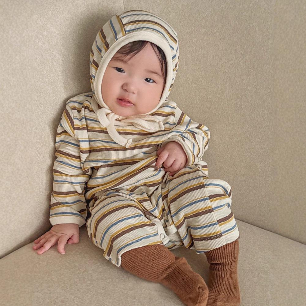 Korean-Style Ribbed Footed Romper: Colorful, Long-Sleeve, Unisex Baby Jumpsuit for Autumn.