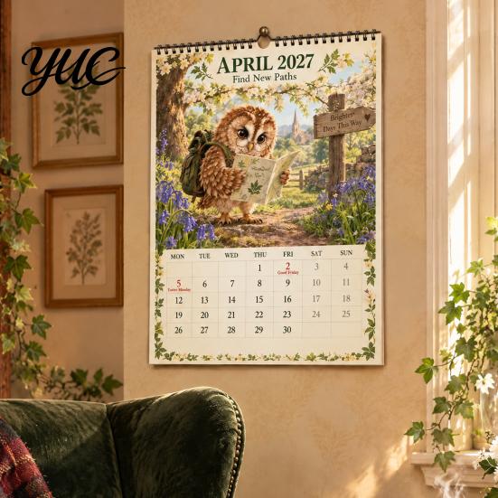 Decorative Wall Hanging for Study 2027 Calendar with Cute Owl Reading Illustrations, Retro Oil Painting Style Monthly Schedule Organizer Home Planner