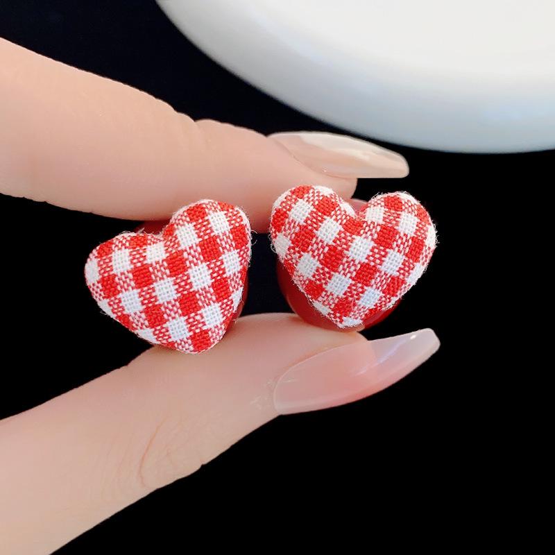 Cherry Red Heart Plaid Stud Earrings with Pearls - Christmas Autumn/Winter Light Luxury Essentials