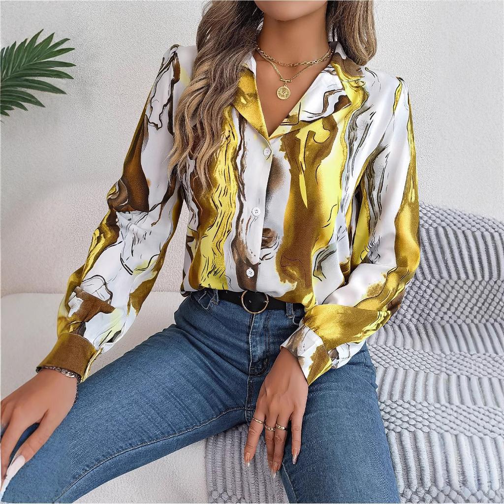 Spring Autumn Contrasting Color Shirts Women Casual Notched Long Sleeve Single Breasted Blouse Elegant Office Lady Clothes