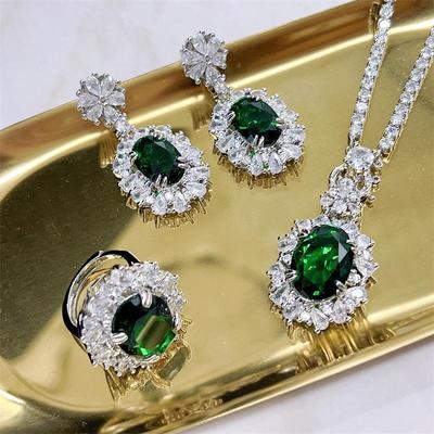 Dazzling Retro French Haute Couture Colored Gemstones Set: Emerald Earrings, Necklace & Ring for Women